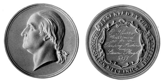 Silver medal won by Mr. Hussey with the Reaper and his Steam Plough at
New York in 1857