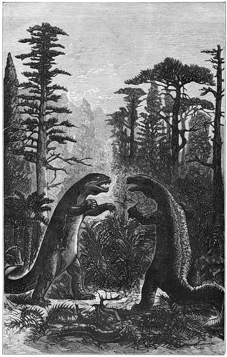 De vorsten der aarde in de Juraperiode. Iguanodon en megalosaurus in een bosch van varens, cycadeën en naaldboomen.