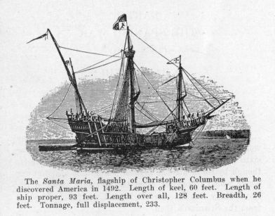 The Santa Maria, flagship of Christopher Columbus when he discovered America in 1492.  Length of keel, 60 feet.  Length of ship proper, 93 feet.  Length over all, 128 feet.  Breadth, 26 feet. Tonnage, full displacement, 233.