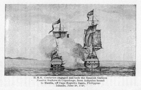 H.M.S. Centurion engaged and took the Spanish Galleon Nuestra Senhora de Capadongo, from Acapulco bound to Manila, off Cape Espiritu Santo, Philippine Islands, June 20, 1743.