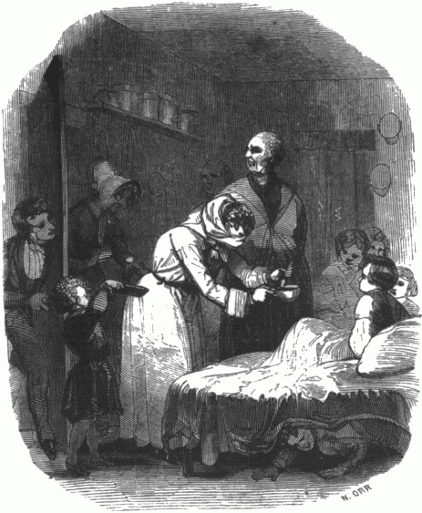A boy in bed being attended to by a ‘woman’, the headmaster, and other boys.
