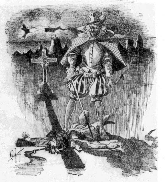 Drawing of a soldier holding a sword onto the neck of another man who is lying on the floor.