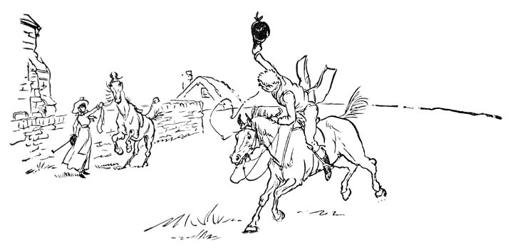 Huntsman passing by woman with horse.