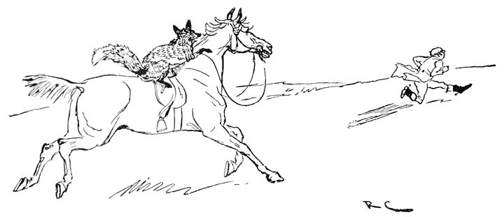 Fox riding horse with man running away.
