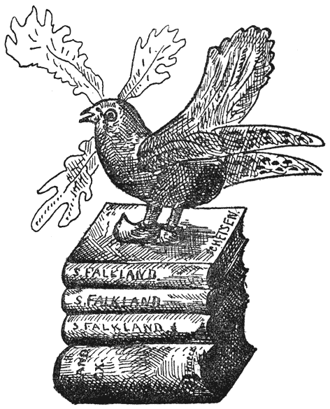 Pentekening van vogel met eikenbladeren in bek op een stapel boeken door S. Falkland.