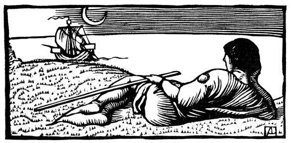A man lying on a beach watches a sailing ship.