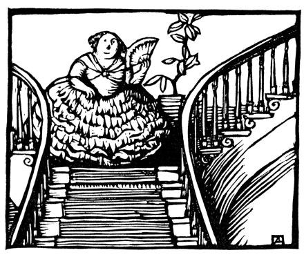 A woman in hoopskirt fans herself at the top of a staircase