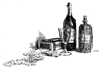 A still life with wine bottles and a glass.