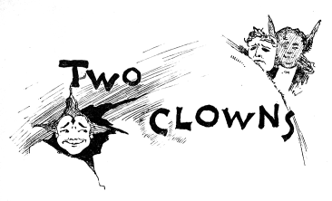 A smiling clown-face to the left, a sad one to the right, with a devilish looking man behind.