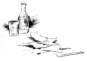 A still life, with a bottle and glass, and a pile of papers.