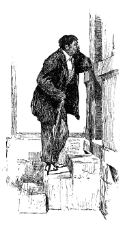 A man stands on some steps, and peers in a window.