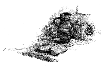 A still life with a water jug and two tablets.