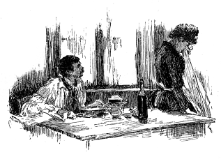 A seated man looks at a woman whose back is turned and head is bowed.