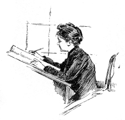 A woman writes in a large book on an angled desk.
