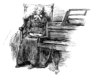 An old woman naps in a chair next to a piano.