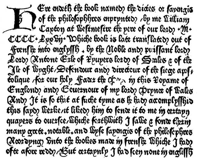 Part of Caxton's Epilogue to the 'Dictes and Sayinges of the Philosophers.' (Type 2.) Part of Caxton's Epilogue to the 'Dictes and Sayinges of the Philosophers.' (Type 2.)