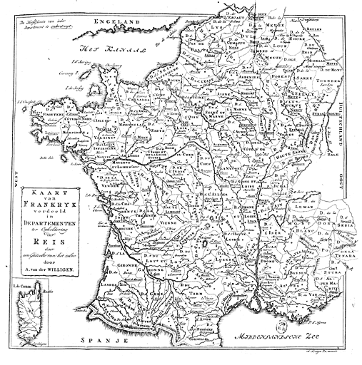 Kaart van Frankrijk verdeeld in Departementen ter opheldering der Reis.