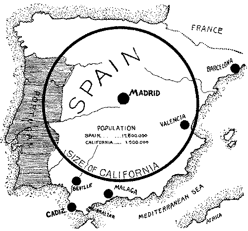Spain compared in size with California.