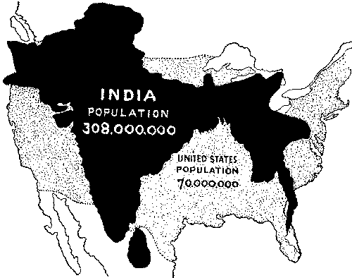 Comparative sizes of India and the United States.
