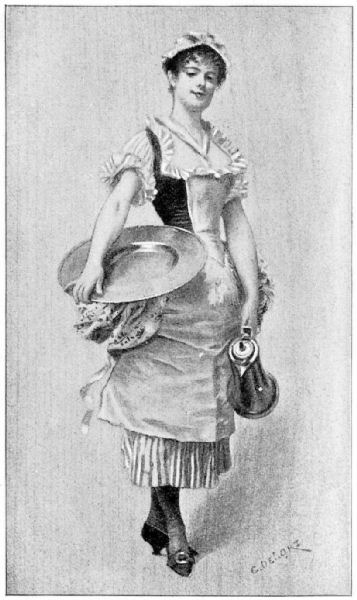 A smiling young woman wearing a floral panniered striped skirt, short
puff-sleeved white shirt and dark coloured bodice, along with an apron and
curly hair pinned up under a simple white cap, stands in a jaunty pose. She
holds a large lidded metal jug in her left hand, and has a large circular
metal platter resting against her right hip, supported by her right hand.