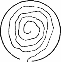 A rough anticlockwise spiral from the gate inwards to the centre.