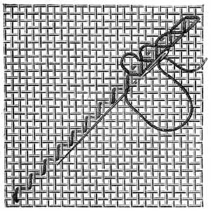 FIG. 855. TRIANGULAR TURKISH STITCH
WORKED DIAGONALLY.
FIRST JOURNEY COMPLETED AND SECOND
BACK, BEGUN.