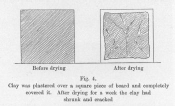 Fig. 4.  Clay was plastered over a square piece of board and completely covered it.  After drying for a week the clay had shrunk and cracked