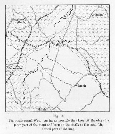 Fig. 18.  The roads round Wye.  As far as possible they keep off the clay (the plain part of the map) and keep on the chalk or the sand (the dotted part of the map)