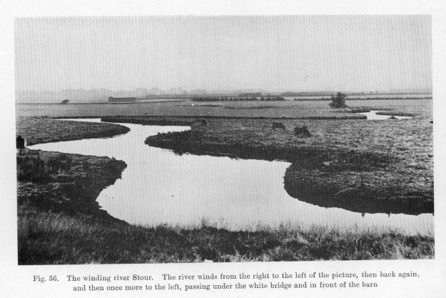 Fig. 56.  The winding river Stour.  The river winds from the right to the left of the picture, then back again, and then once more to the left, passing under the white bridge and in front of the barn.