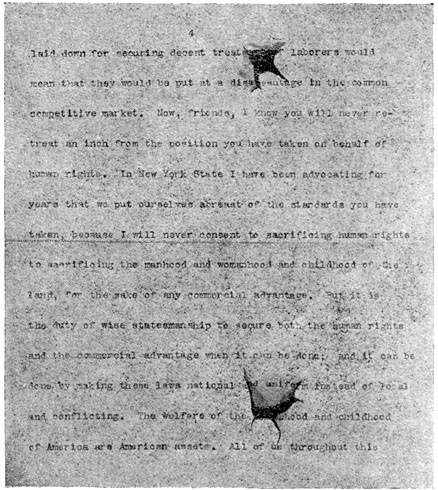 Page from Ex-President Roosevelt's Manuscript of Speech Showing Bullet Holes.