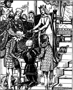A woman placing a crown on the head of a knight, while a crowd looks on.