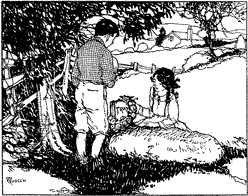 A girl hanging a wreath on the headstone of a grave, while a boy stands watching.