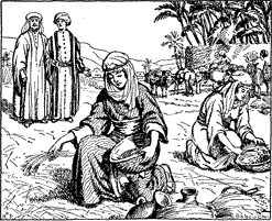 Two women gleaning, with two men watching.