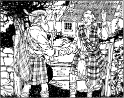 Two old men in kilts greeting each other in front of a gate.