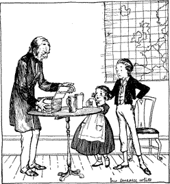 Young Scrooge and his sister receiving sweets from the schoolmaster.