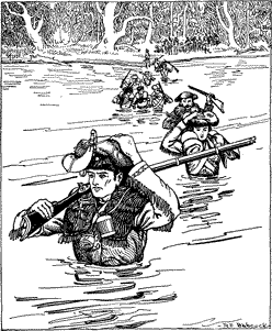 A line of men crossing a waist-deep river, carrying their rifles high and their belongings on their heads.