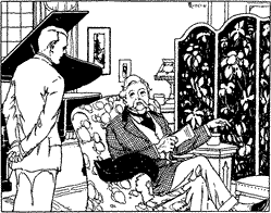 A younger man standing by a seated older man in an elegant parlor.