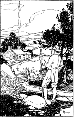 A man with a staff approaching a small farmhouse.