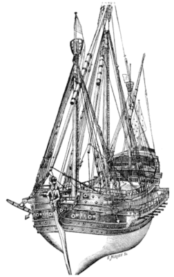 A view of a galleasse from the prow, with its sails furled.