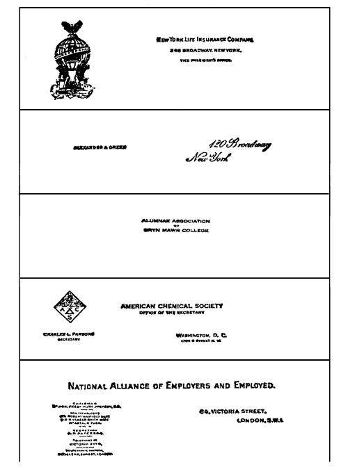 Letterheads used by a life insurance company, a law firm, and three associations