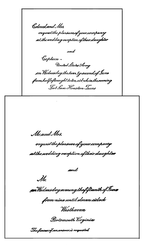 Specimens of formal invitations to a wedding reception