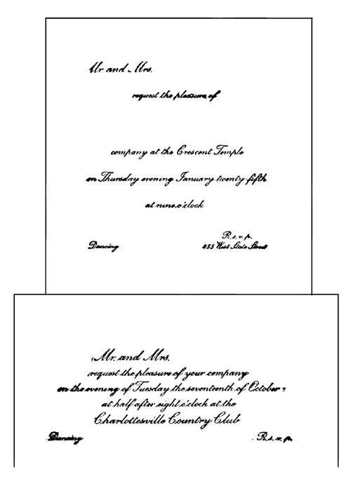 Specimens of formal invitations to a dance