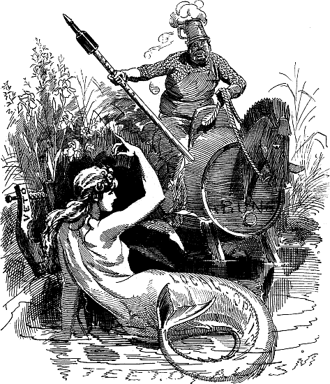 Caricatured German straddling a beer barrel hobby horse and a
mermaid.