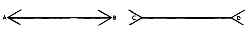 Two lines, AB and CD. AB has an outward pointing arrow
on each side, while CD has them pointing the opposite way.
A <----> B
C >----< D