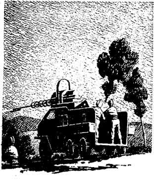 Large machine gun ype of weapon, mounted in the bed of a truck. A man is standing on the bed behind the weapon.