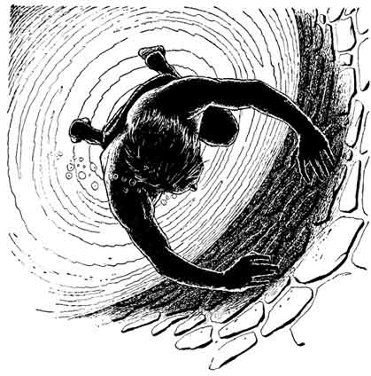 Two men whirling round and round down a spiral hole.