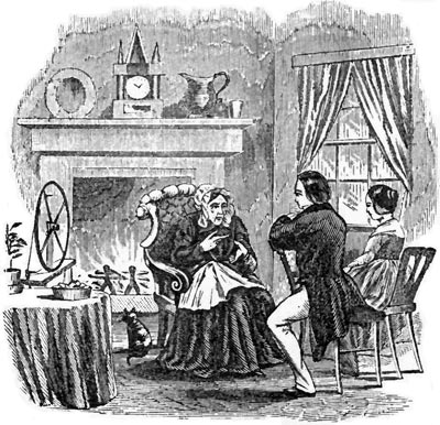 Young couple listening to older woman, seated in front of the fireplace
