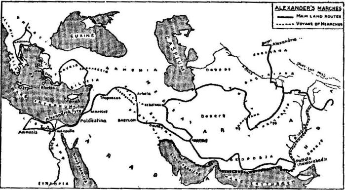 A SKETCH-MAP OF ALEXANDER'S CHIEF EXPLORATORY MARCHES FROM ATHENS TO HYDERABAD AND GAZA
