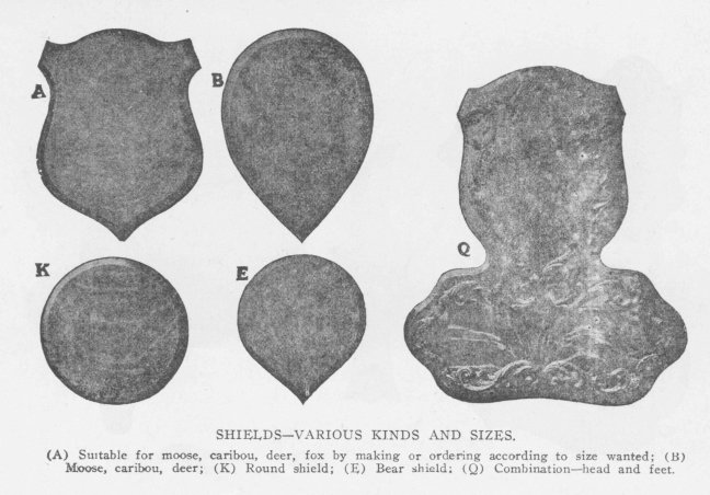 SHIELDS—VARIOUS KINDS AND SIZES. (A) Suitable for moose, caribou, deer, fox by making or ordering according to size wanted; (B) Moose, caribou, deer; (K) Round shield; (E) Bear shield; (Q) Combination—head and feet.