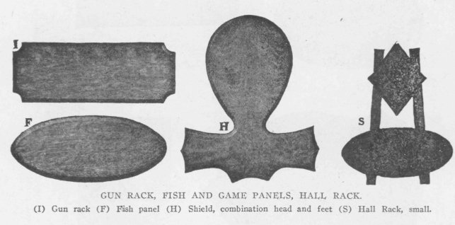 GUN RACK, FISH AND GAME PANELS, HALL RACK. (I) Gun rack (F) Fish panel (H) Shield, combination head and feet (S) Hall Rack, small.